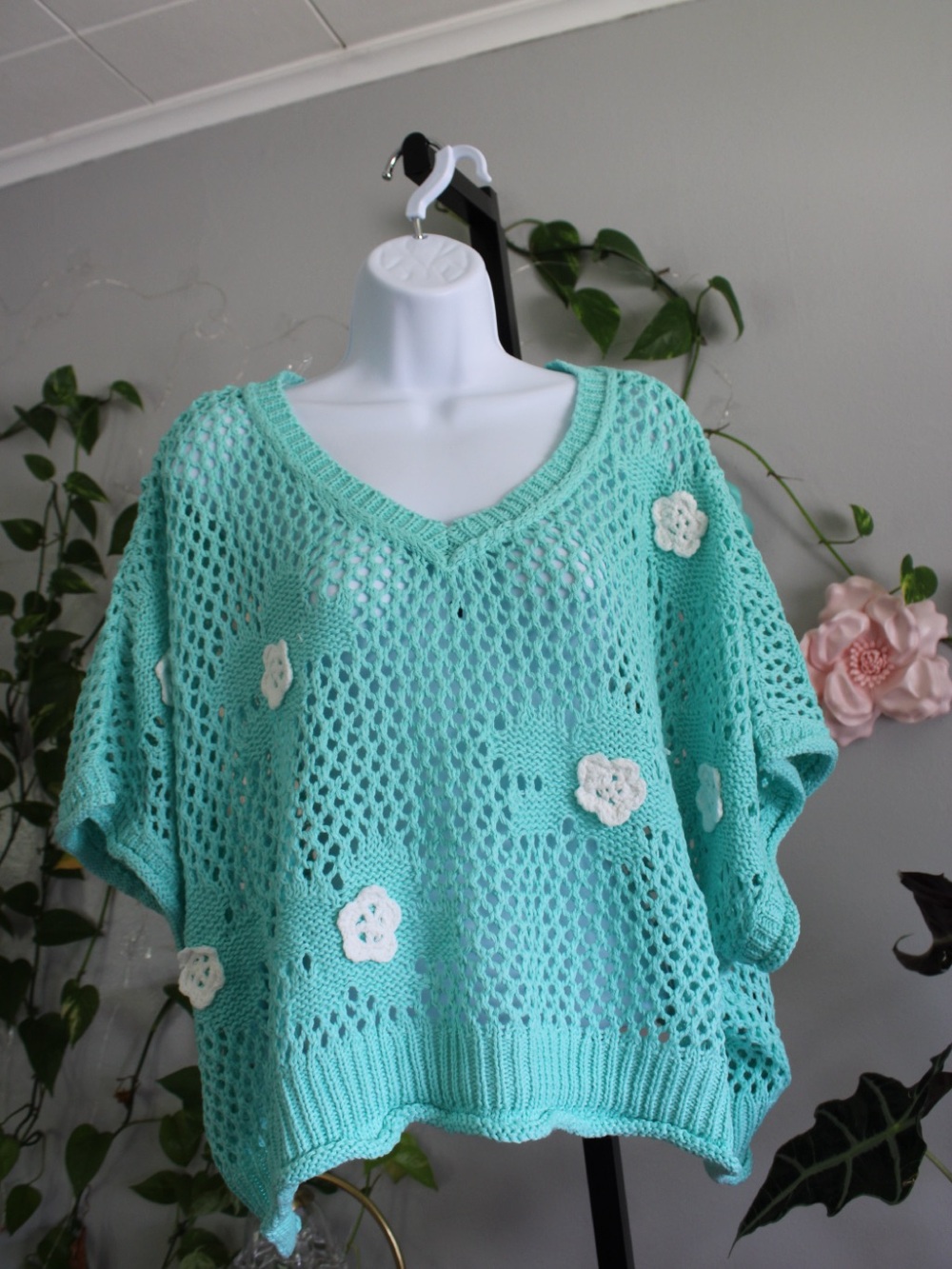 POL Mint Green Crochet Open Knit Floral V-Neck Oversized Sweater Top Small